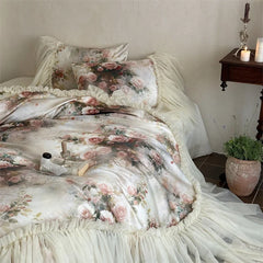 Vintage Rose Flowers Prints Three-sided Large Lace Ruffles 1000TC Egyptian Cotton Bedding Set