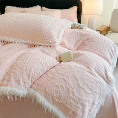 Pink Rose Carved Velvet Warm Bedding Set