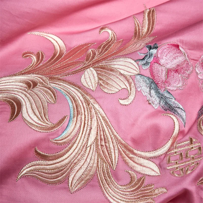 Luxury Chinese Style Wedding Flowers Embroidery Rose Pink Bedding Set