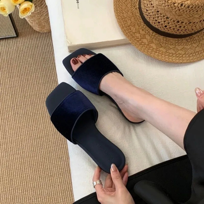 Vintage Velvet Square Toe Women Flats Slippers Concise Lightweight Slip On Slides Outdoor Daily Walking Vacation Dress Shoes