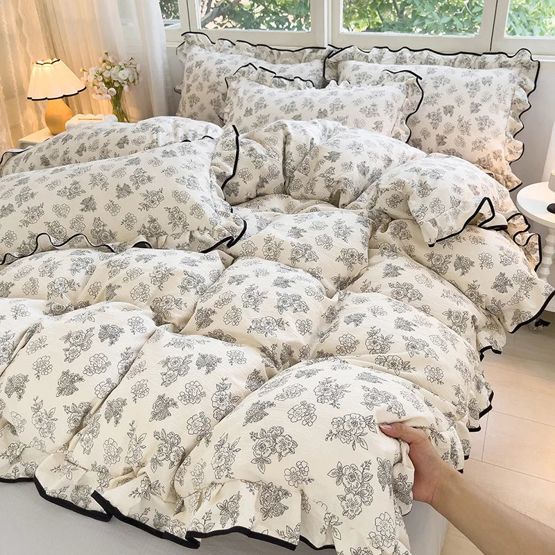 Heart Print Duvet Cover Set Princess Style Lace Ruffles Bedding Set
