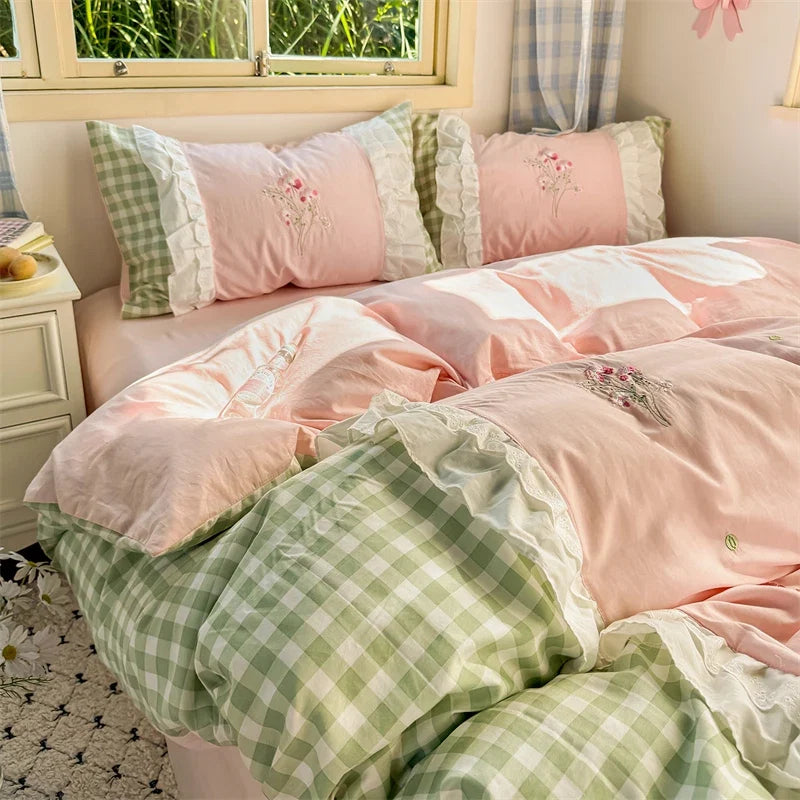 Korean Princess Style Double Layer Lace Flower Embroidery 100% Cotton Bedding Set