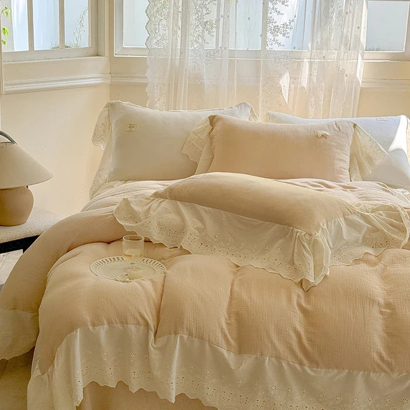 Vintage French Lace Ruffles 100% Cotton Double Yarn Soft Comfortable Bedding Set