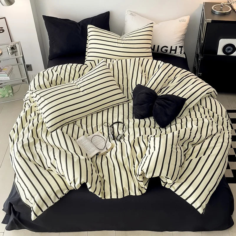 Simple Green Striped Duvet Cover Bed Sheet Pillowcase Set Full Queen King Cotton Bedding Set