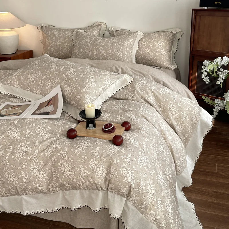 Vintage Floral Print Lace Luxury Bedding Set