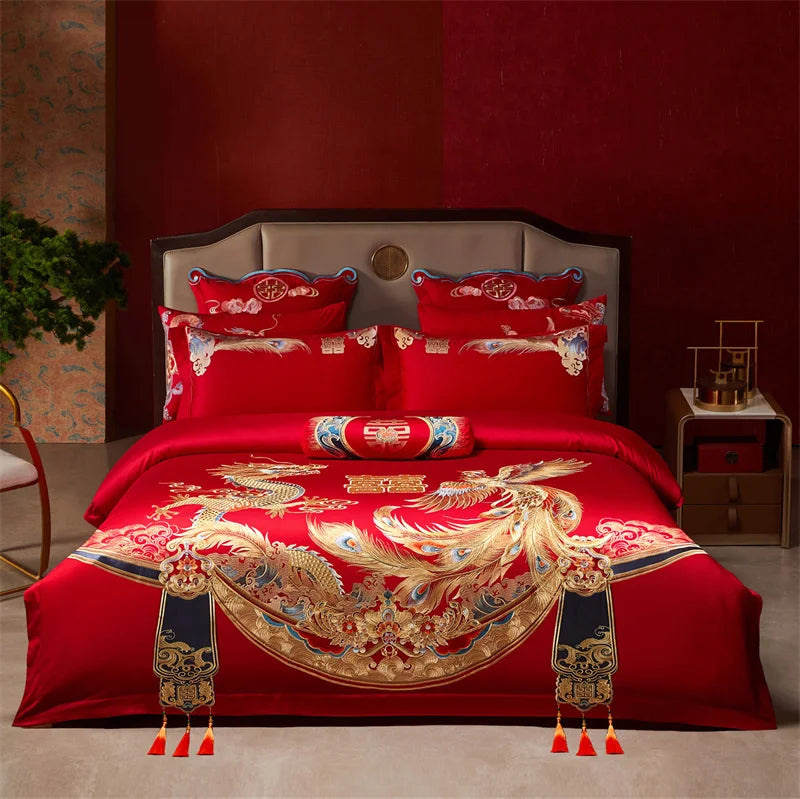 Luxury Chinese Style Wedding Dragon Phoenix Embroidery Red Bedding Set