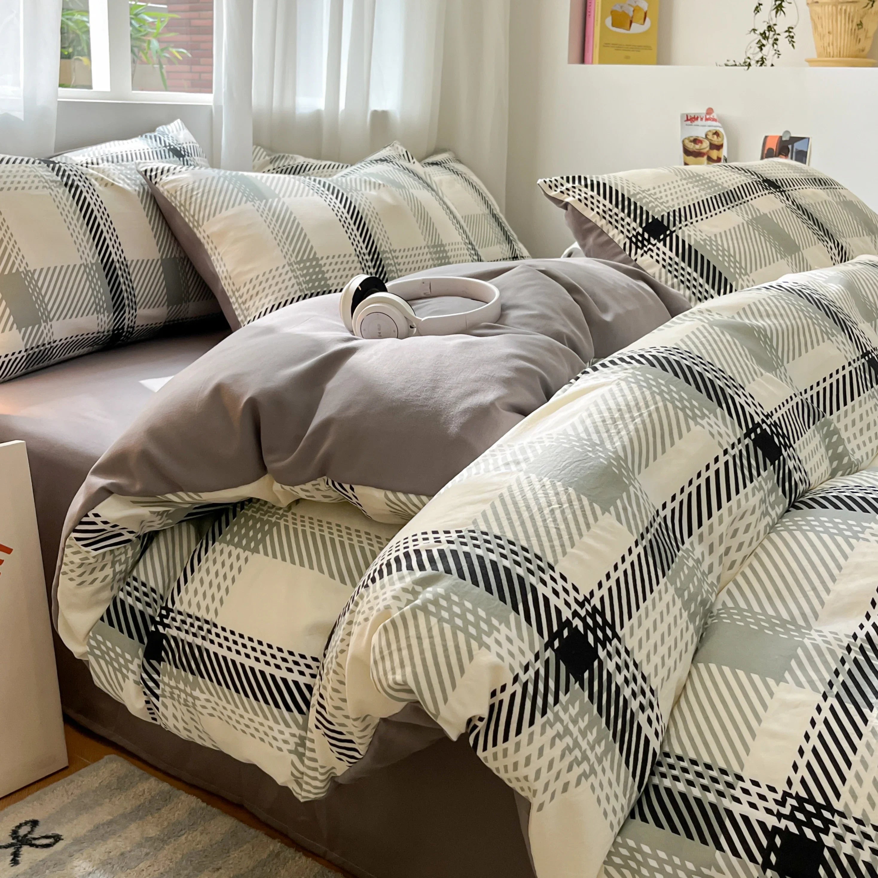 3/4 Pcs Blue Checkered Bedding Set