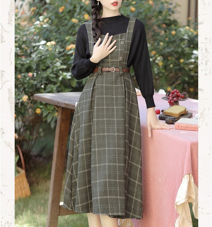 Conjunto de 2 piezas de vestido de lana a cuadros de la Academia oscura de Forest Witch