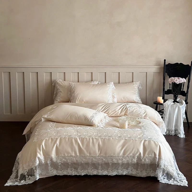Romantic White Flowers Lace Princess Wedding Bedding Set