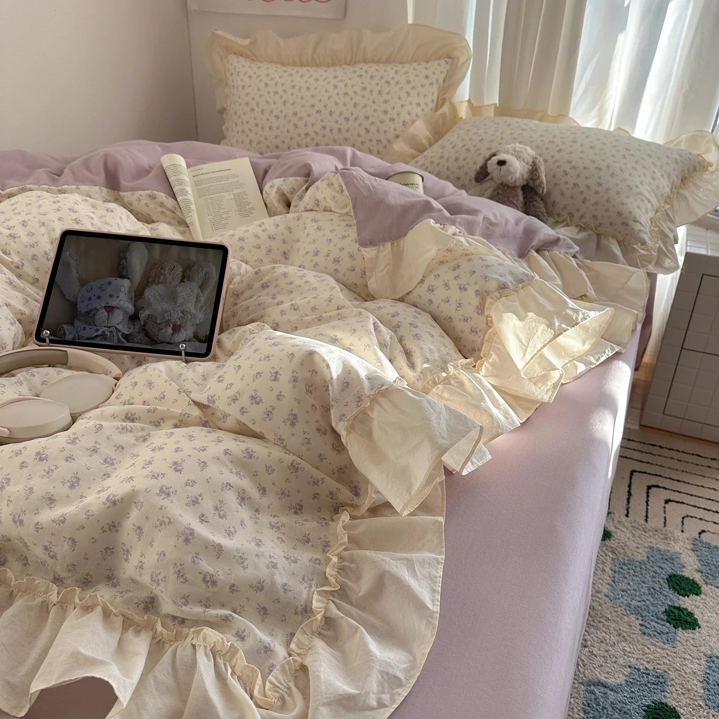 100% Cotton Korean Princess Style Floral Ruffles Bedding Set