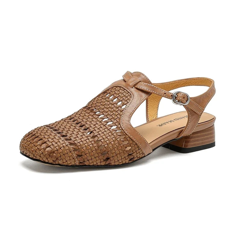 cowhide woven elastic hollow breathable mid Heel