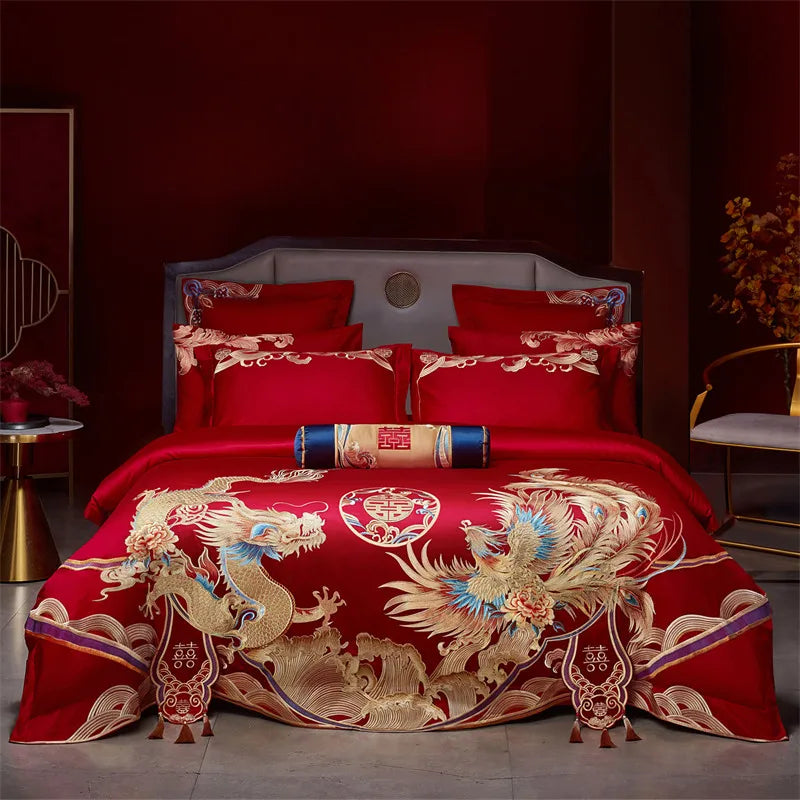 4/6/9Pcs Red Luxury Chinese Wedding Style Dragon Phoenix Embroidery Bedding Set