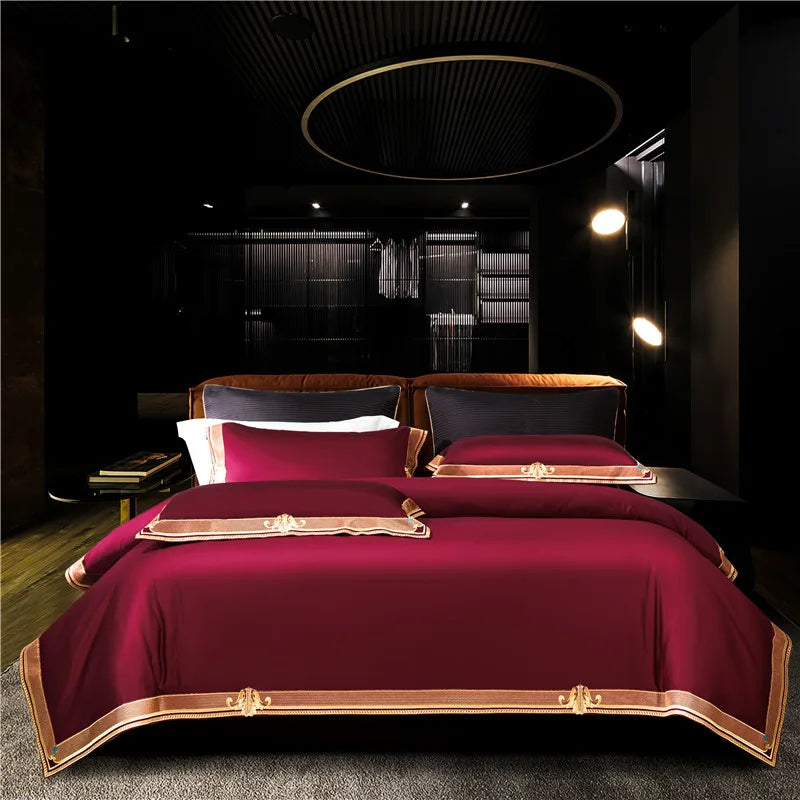 Satin 1200TC Egyptian Cotton Luxury Bedding Set, Gold Embroidery, Queen, King, Duvet Cover, Flat/Fitted Bed Sheet, Pillowcases