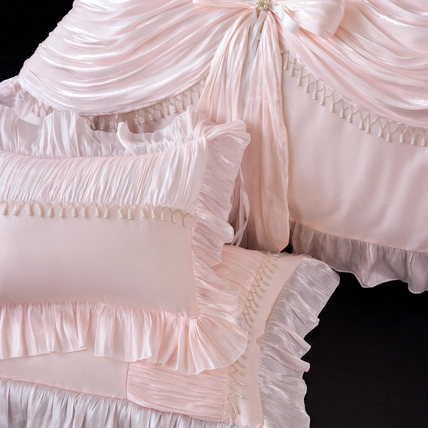 1000TC Egyptian Cotton Vintage French Palace Style Pleated Lace Ruffles Bow Bedding Set