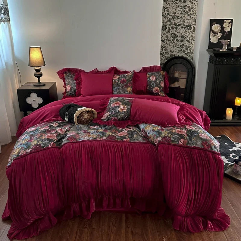 Vintage Floral Print Ruffles Princess Bedding Set