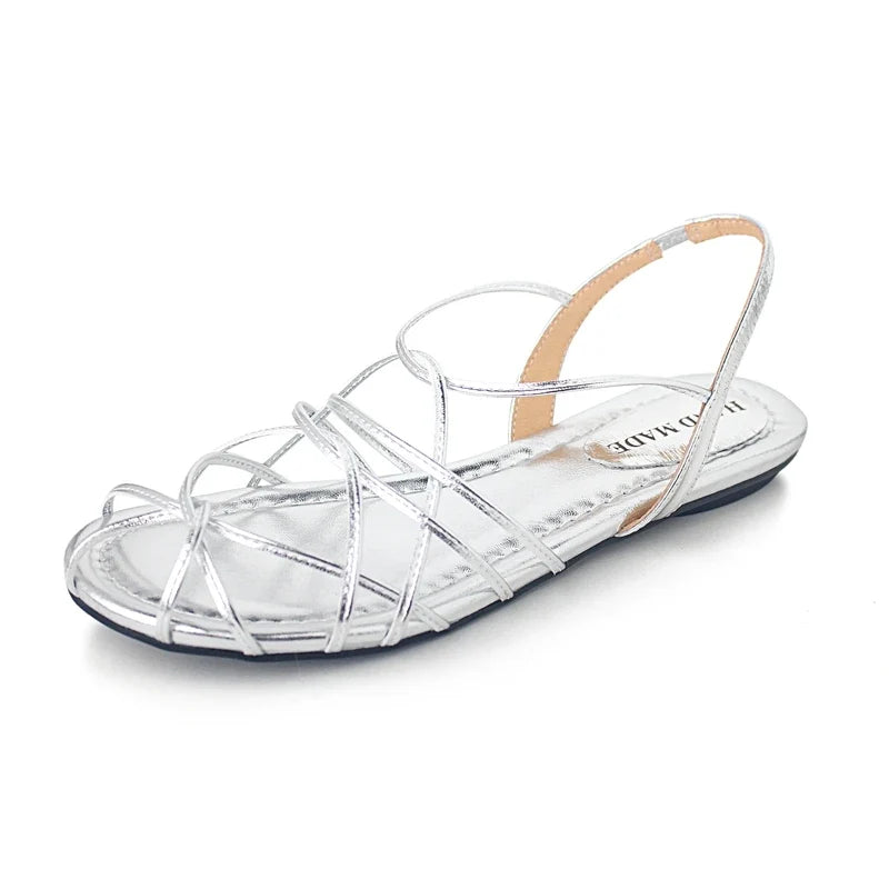 leather cowhide elastic band round toe low Heel