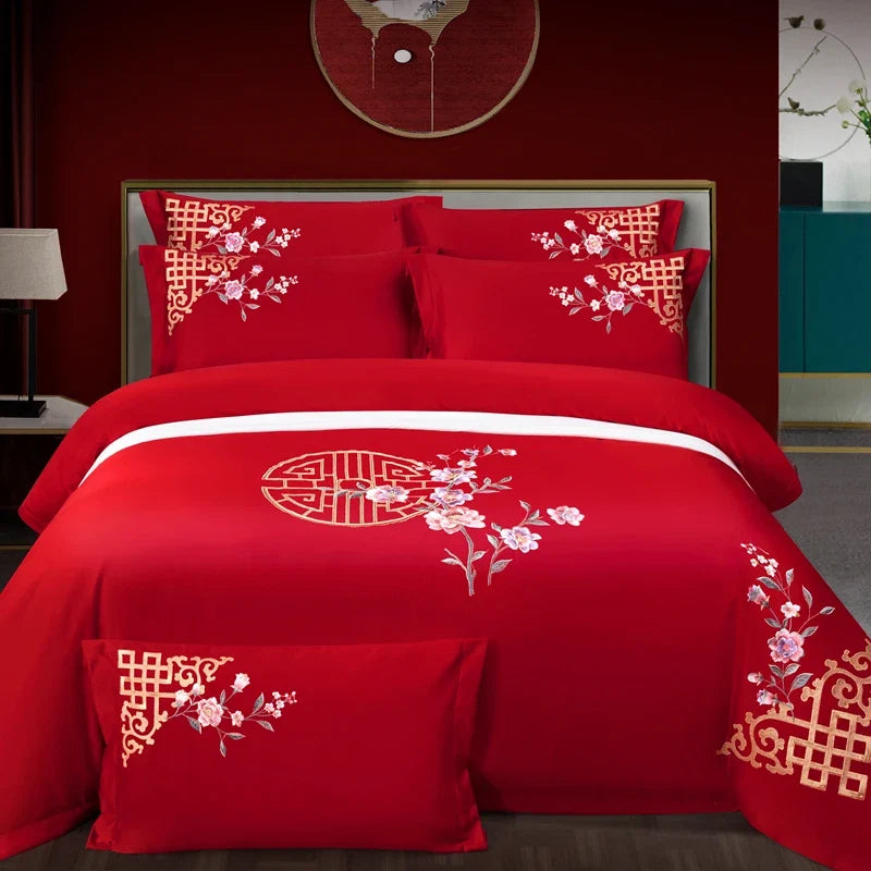 100% Cotton Luxury Oriental Golden Geometric Pattern Flowers Embroidery Bedding Set