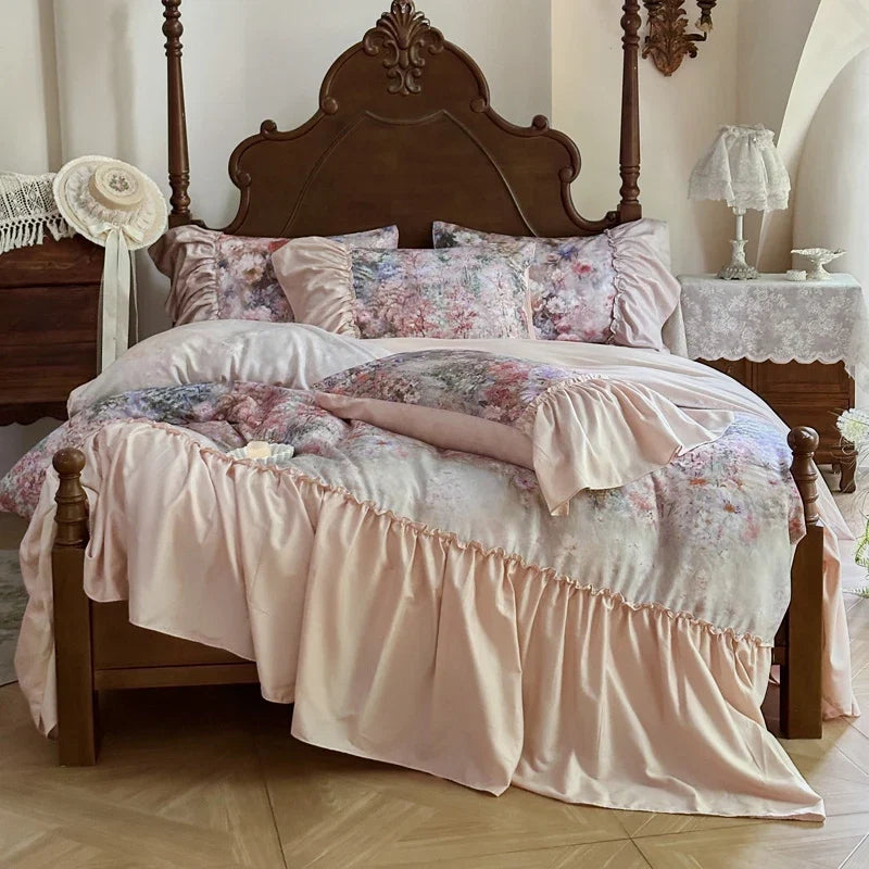 Flowers Print Large Ruffles Princess Bedding Set