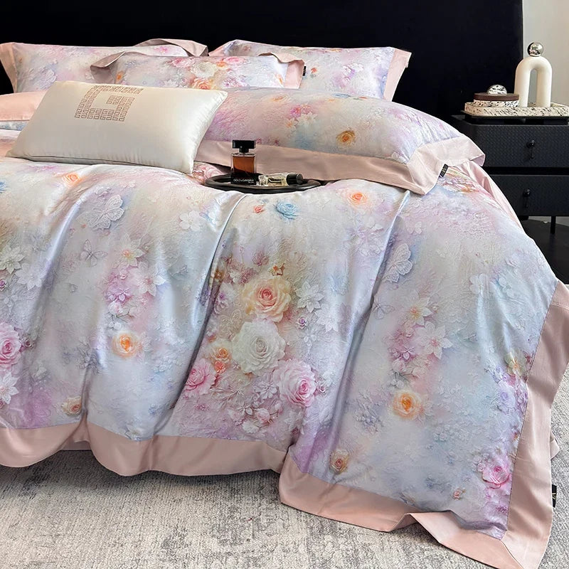 1000TC Egyptian Cotton Blooming Flowers Prints Luxury Queen King Size Bedding Set