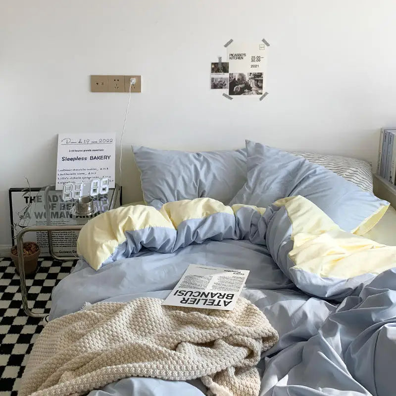 Solid Duvet Cover Set with Sheet Pillowcases Korean Comforter Cover Bed Linen Twin Full Queen Size Grid Home Bedding Set