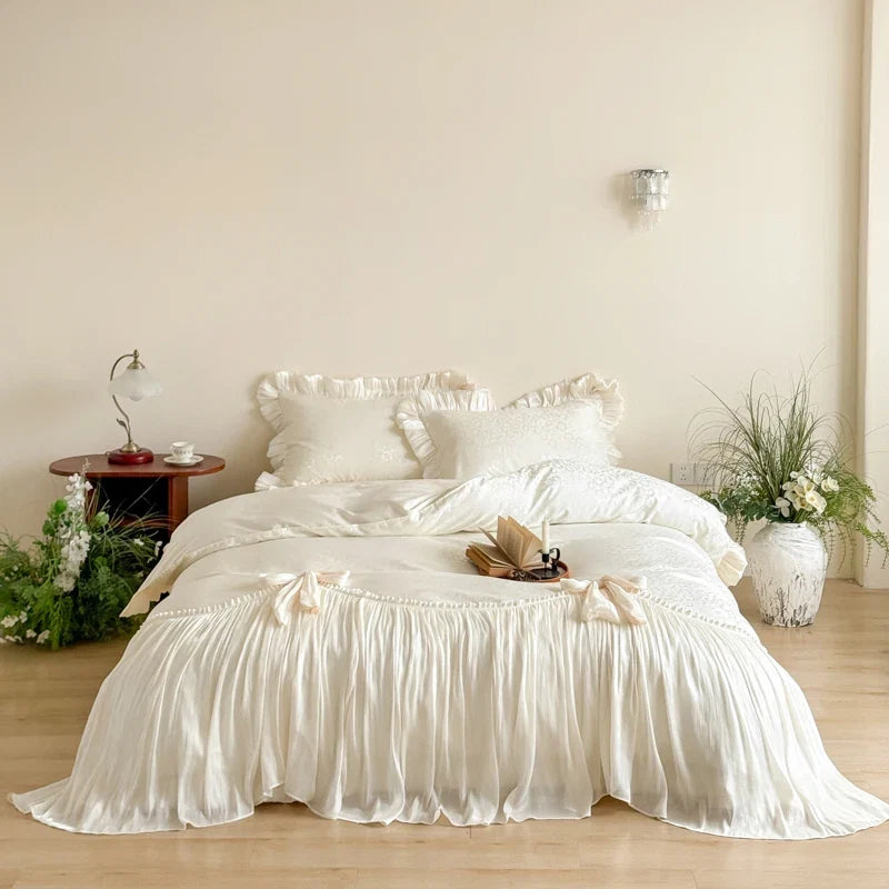 Vintage Jacquard Lace Ruffles Bow Princess Bedding Set
