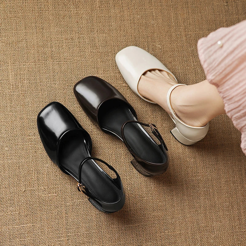 leather cowhide round toe thick Heel