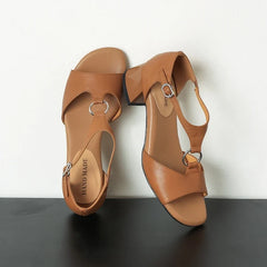 leather cowhide round toe elastic metal buckle high Heels