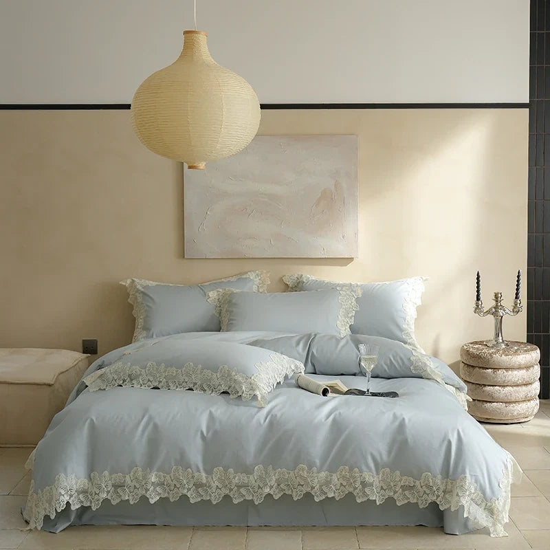 100% Cotton Flowers Butterfly Lace Edge Bedding Set