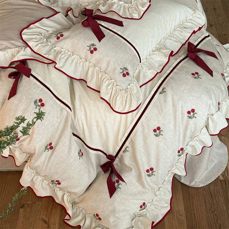 Cotton Linen Bedding Set, Cherry Embroidery with Ruffle & Bow, Farmhouse Style Duvet Cover Set, Soft Bed Linen Pillowcases 4Pcs