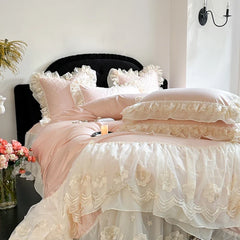 4Pcs Pink Romantic Lace Ruffles Princess Wedding Bedding Set