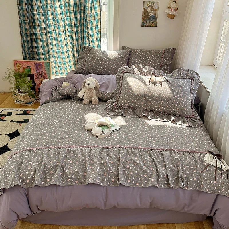3/4Pcs Korean Princess Style Bow Ruffles Bedding Set