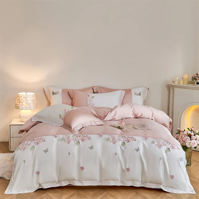 Flowers Butterfly Embroidery Luxury Bedding Set