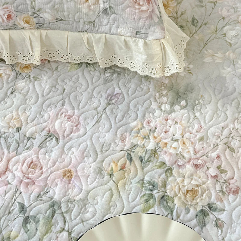 Korean Princess Style Floral Print Lace Ruffles Bedding Set