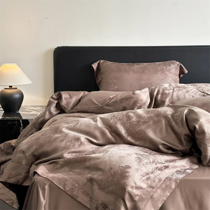 Luxury Lyocell Cotton Jacquard Bedding Set, Scenic Pattern Duvet Cover Set with Pillowcases, Soft Bed Sheet/Fitted Sheet, 4Pcs