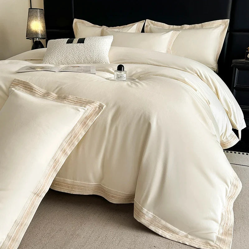 600TC Egyptian Cotton Embroidery Wide Edge Luxury Solid Color Bedding Set