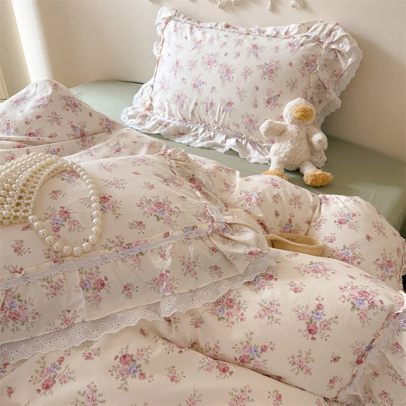 Kawaii Tiny Floral Lace Ruffle Princess Bedding Set