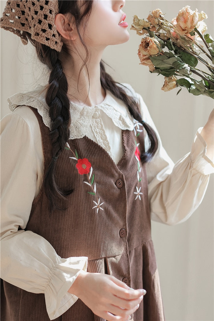 Meadow Petal Corduroy Flower Embroidered Cottagecore Dress