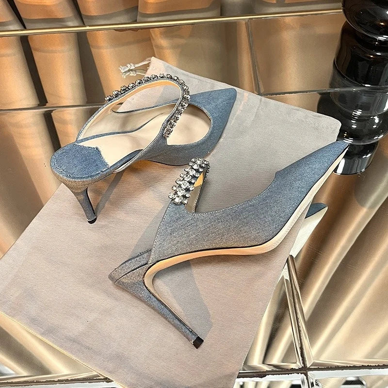 Luxury Rhinestone Patent Leather Bao Head Half Slippers European High Heels