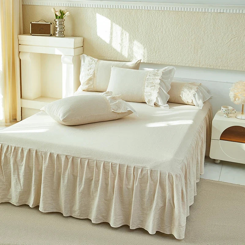 Cotton Linen Blend Vintage French Style Double Layer Lace Ruffles Princess Bedding Set