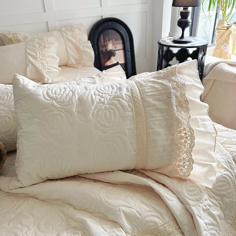 Rose Embossing Quilted Duvet Cover Set Vintage Lace Ruffles Pure Cotton Bedding Set