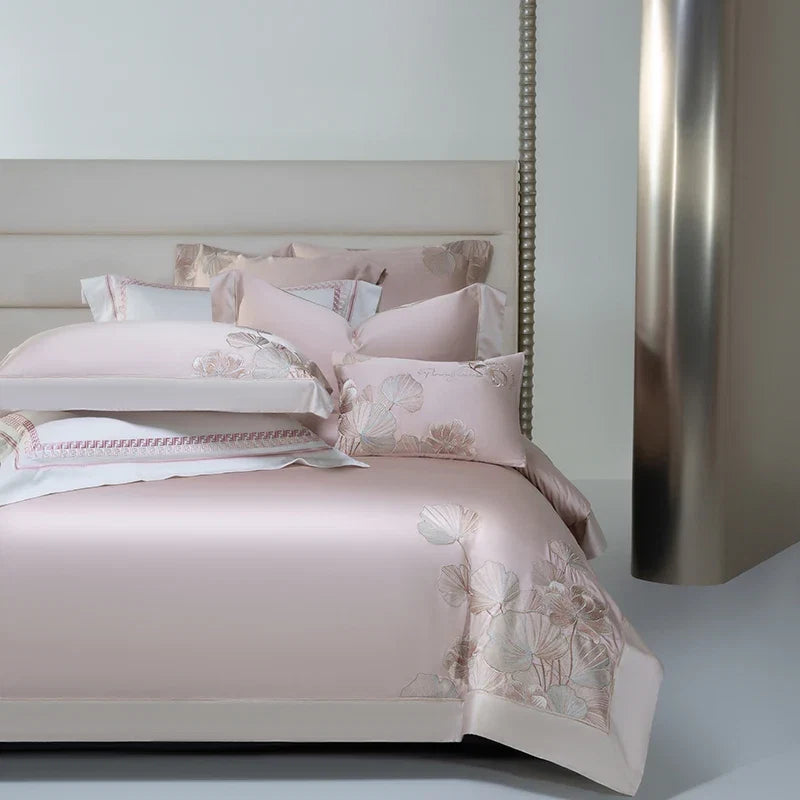 4Pcs Luxury Lotus Flowers Embroidery 1200TC Lyocell Cotton Soft Silky Bedding Set