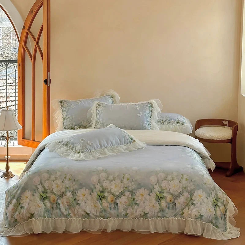 Flower Prints Ruffles Summer Cool Feeling Bedding Set