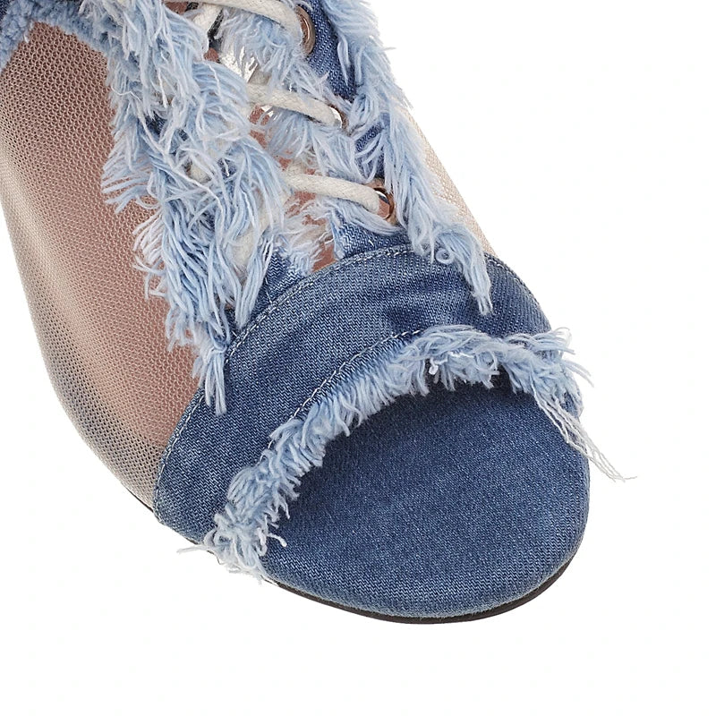European and American Denim Mesh Lace Lace Lace High Heel