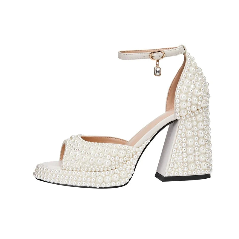 European and American Nightclub Princess Flower Buckle Pearl Thick Bottom Fish Mouth Open Toe Large Heel