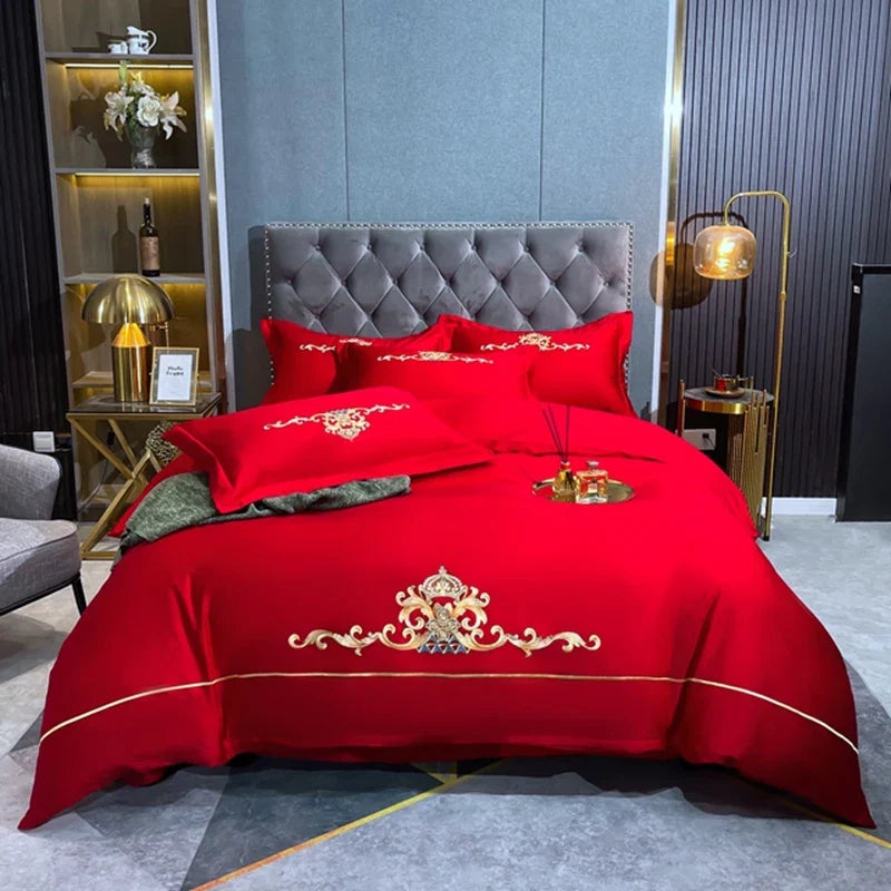 100% Cotton Golden Crown Embroidery Luxury Bedding Set