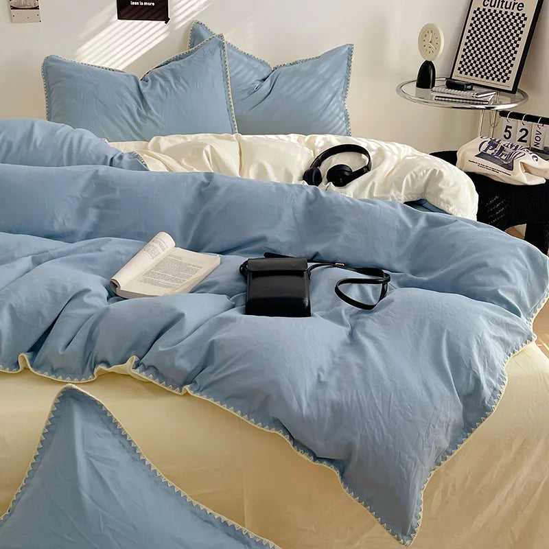 Solid Color Soft Duvet Cover Set Skin Friendly Washable Cotton Queen Bedding Set
