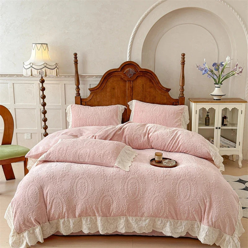 Vintage French Carved Velvet Lace Ruffles Luxury Warm Winter Pink Bedding Set