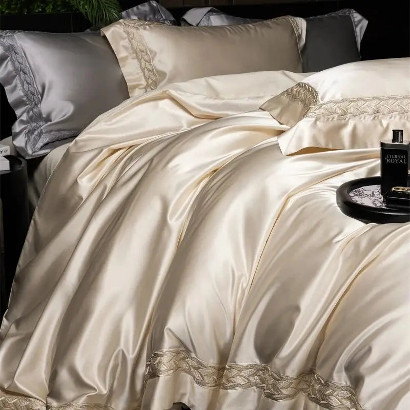 1000TC Egyptian Cotton Soft Silky Brocade Lace Champagne Luxury Bedding Set