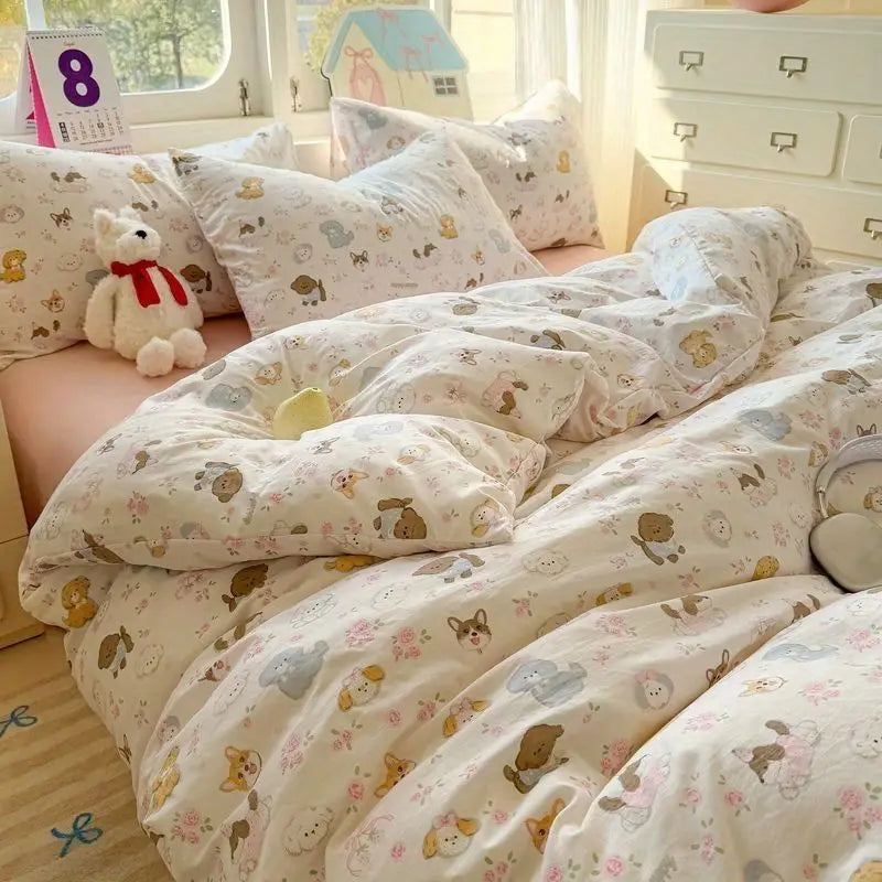 Kids Adult Duvet Cover Set with Bed Flat Sheet Pillowcases Cute Cartoon Single Queen Size Home Hotel Dormity Bedding Set