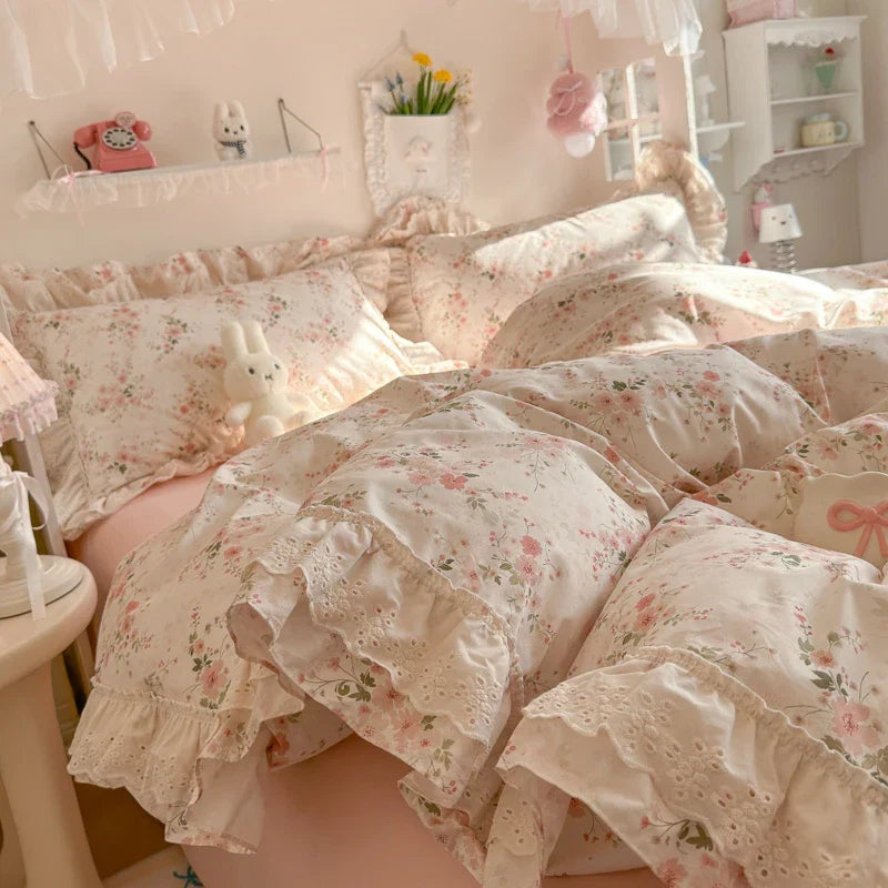 100% Cotton Double Layer Lace Ruffle Floral Bedding Set